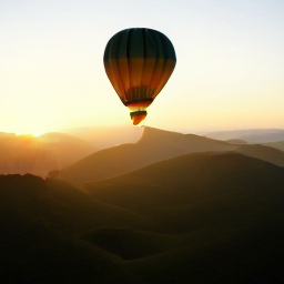 A hot air balloon above hills at sunrise