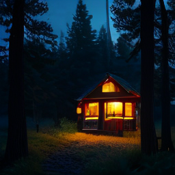 A lit cabin among pine trees at night