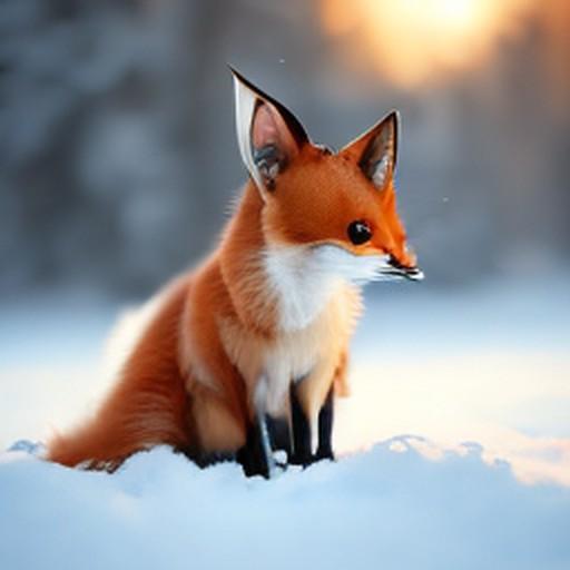 A red fox sitting in snow at golden hour